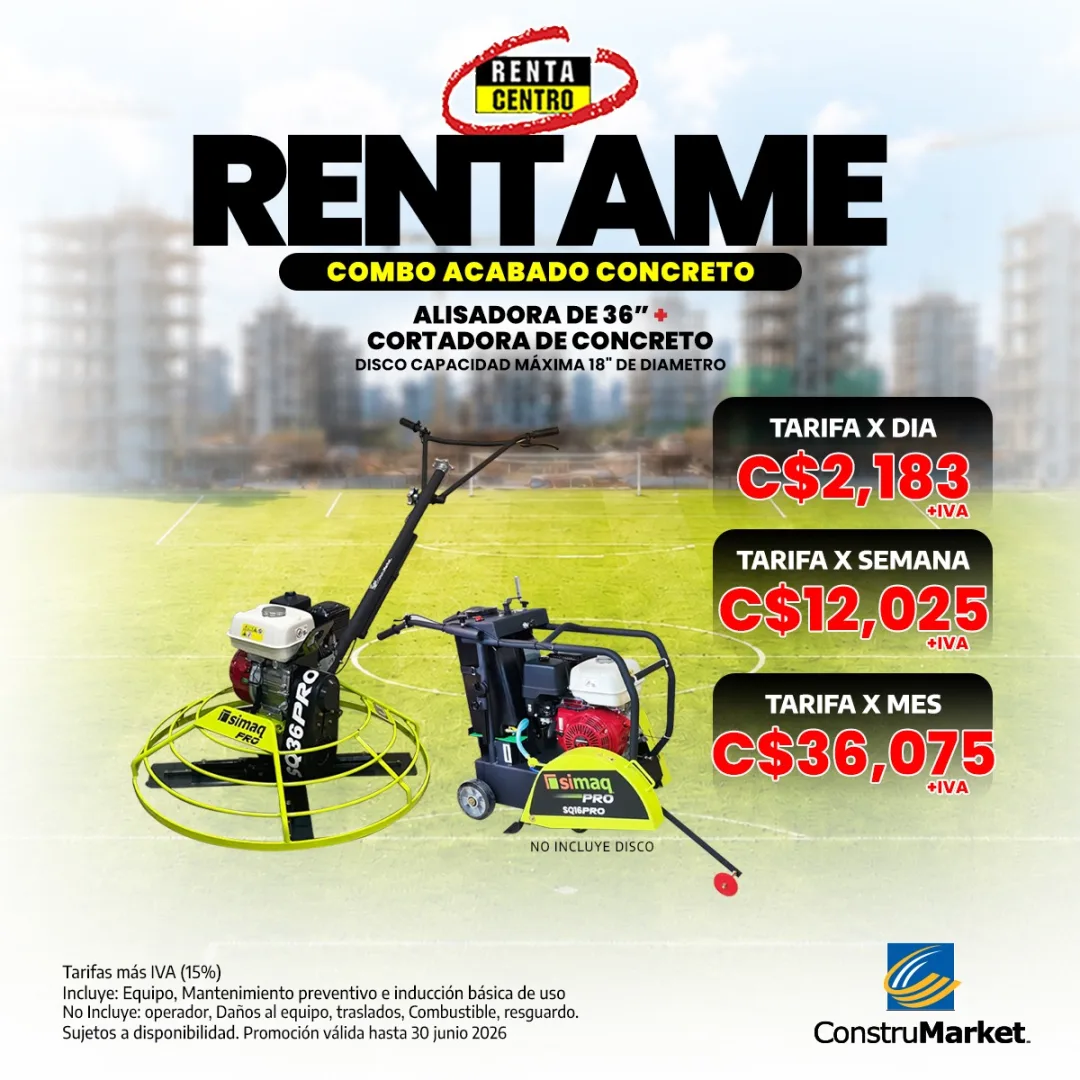 RentaCentro Nicaragua promotion — concrete finishing combo: 36″ power trowel + concrete saw (max 18″ blade). C$2,183 per day, C$12,025 per week or C$36,075 per month (plus VAT).