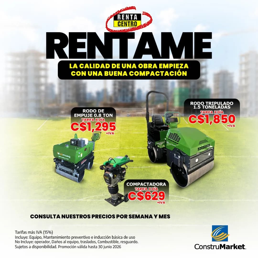 RentaCentro Nicaragua promotion — compaction equipment per day: 0.8-ton walk-behind roller C$1,295, 1.5-ton ride-on roller C$1,850 and rammer compactor C$629 (plus VAT).