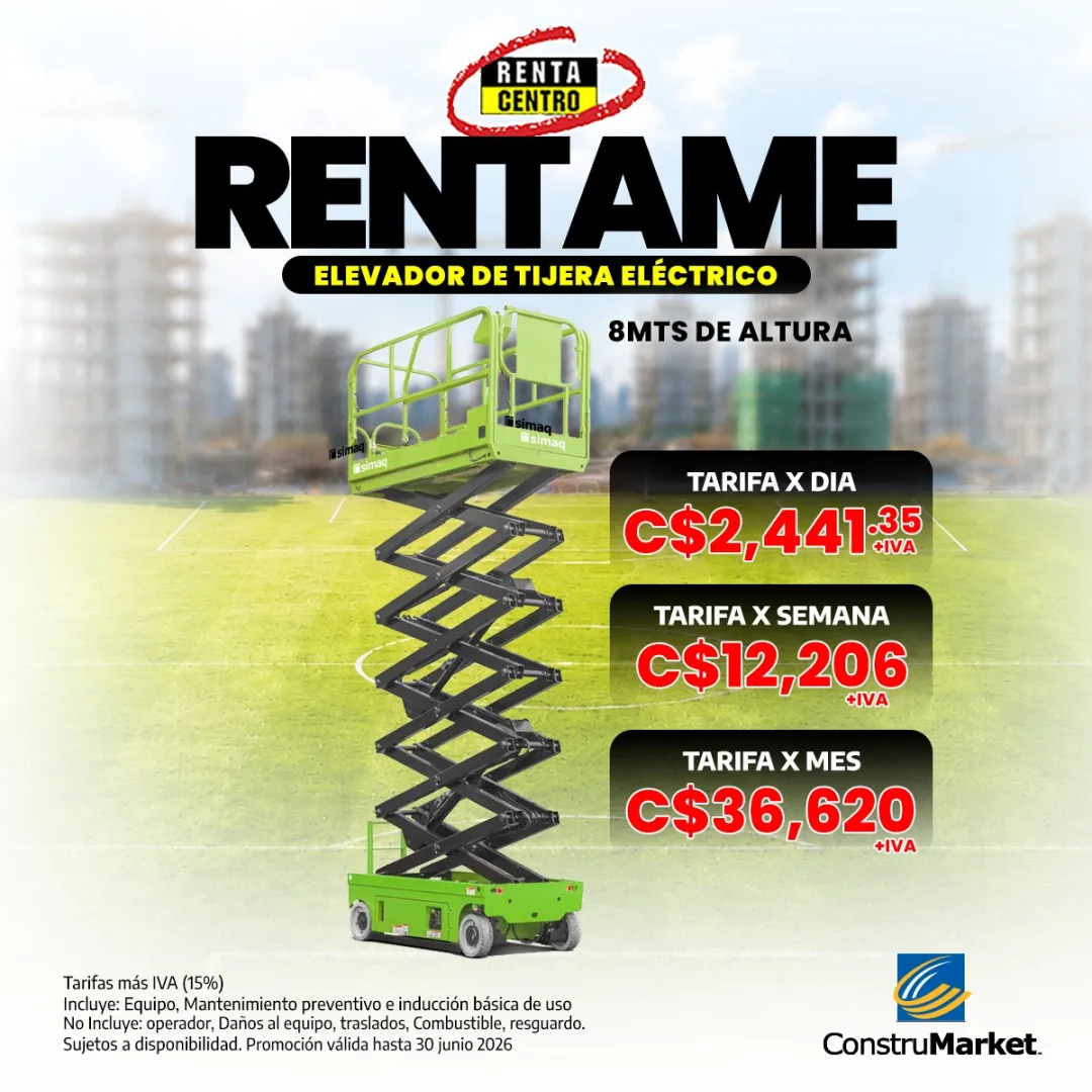 RentaCentro Nicaragua promotion — 8-meter electric scissor lift: C$2,441.35 per day, C$12,206 per week or C$36,620 per month (plus VAT).