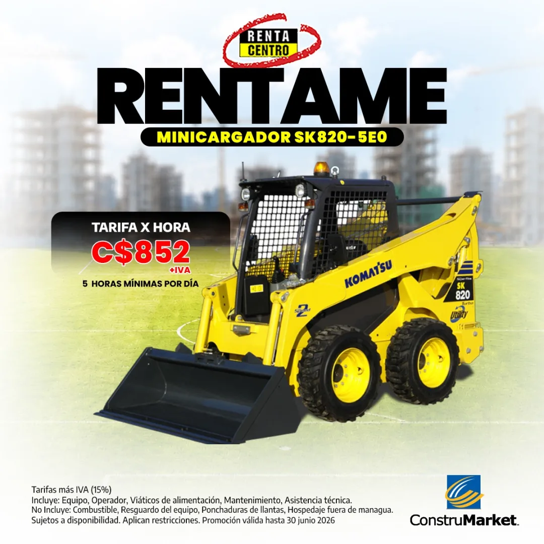 RentaCentro Nicaragua promotion — Komatsu SK820-5E0 skid steer at C$852 per hour (plus VAT), 5-hour daily minimum. Includes operator, per diem, maintenance and technical support.