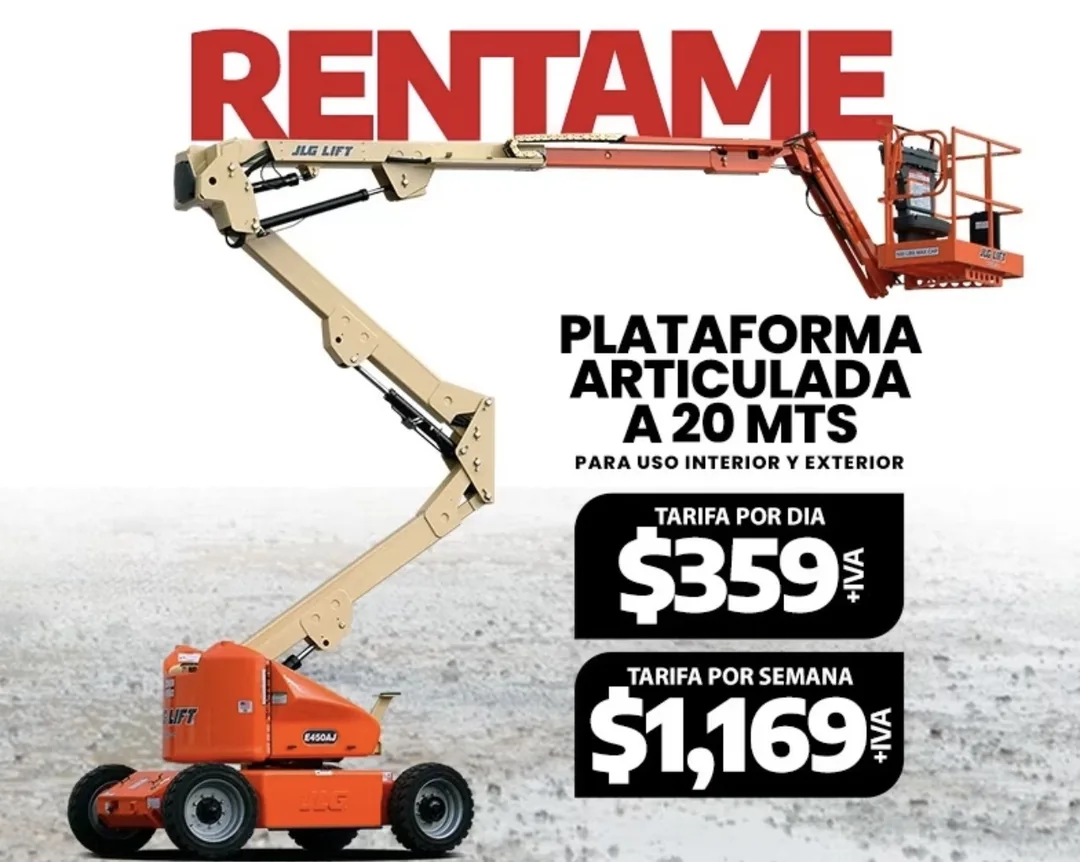 Promoción RentaCentro El Salvador — plataforma articulada de 20 metros: $359 por día o $1,169 por semana (+IVA), uso interior y exterior.