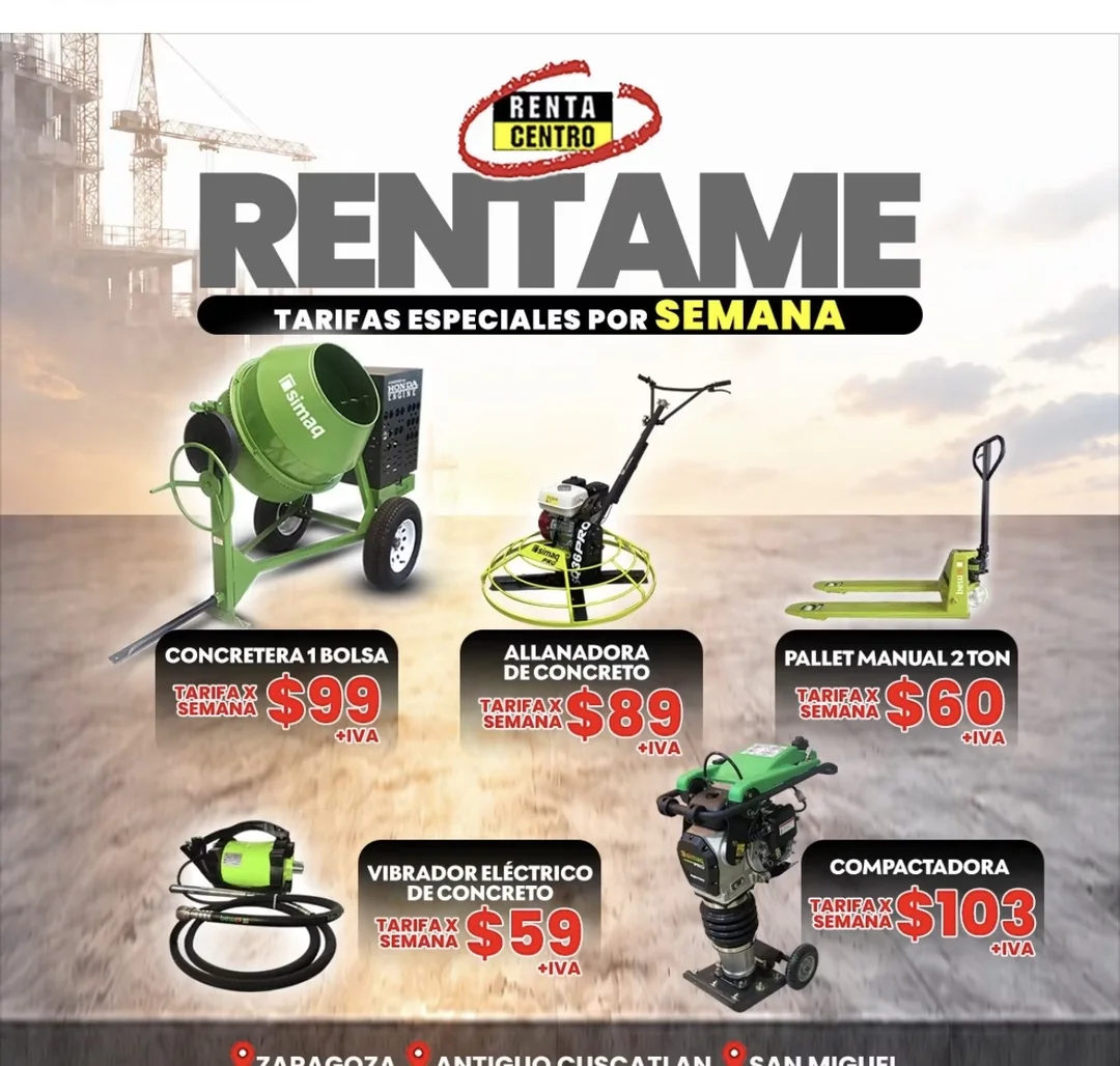 Promoción RentaCentro El Salvador — tarifas por semana: concretera $99, allanadora $89, pallet manual 2 ton $60, vibrador eléctrico $59 y compactadora $103 (+IVA).