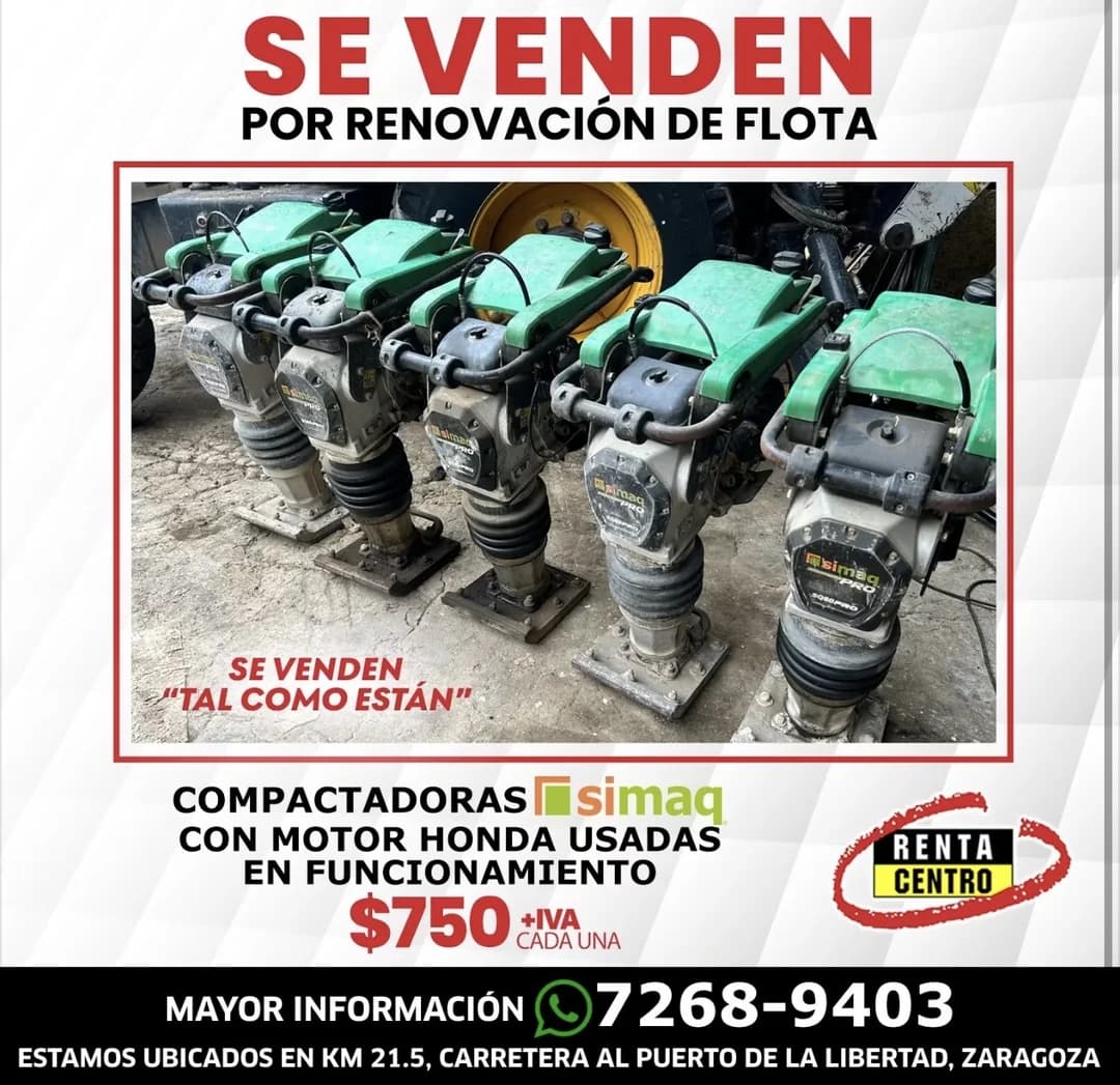 En venta — compactadoras SIMAQ usadas con motor Honda, en funcionamiento, $750 +IVA cada una por renovación de flota.